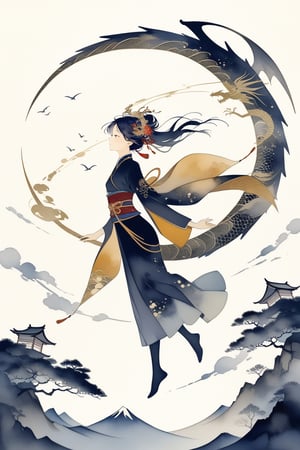 A golden silhouette of a Chinese lady in ancient costume soars in the sky. The background is the vortex of the dragon's flight traces. simple and abstract outlines of the dragon and the lady, faceless_character, japanese art, chinese ink drawing, ink , style, Watercolour, oil paint, Alphonse Mucha art style,ink scenery