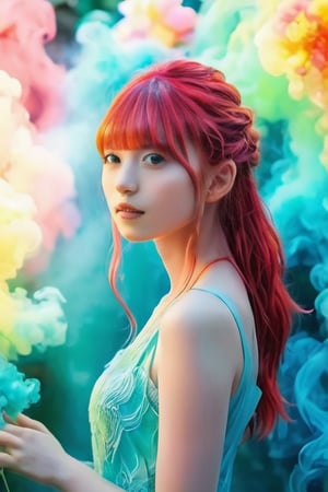 In a whimsical, heavenly setting bathed in bioluminescent hues and uplit by sacred geometry, a fantastical dragon materializes amidst smoke and veil. Its delicate, fashionable form embodies the essence of sweet life, love, and tenderness. Framed against a vibrant, colorful background, this Aetherpunk scene is shot on Canon 5D Mark IV using Kodak Ektar film.

The dragon's neon-glowing hair flows like curved lines, creating an elaborate design that defies gravity. Its flamboyant nature is captured in pastel colors, with intricate details that invite exploration. As the camera lingers, a subtle blood-red tone hints at the mystical energies at play.