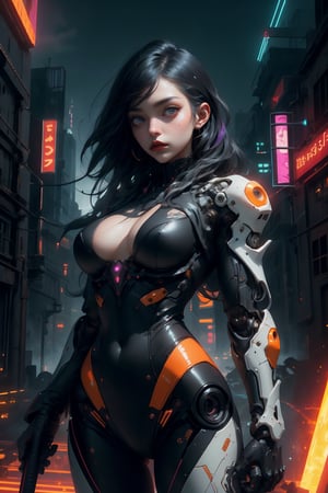 A beautiful punk girl with glowing purple eyes, in a hollow pale orange mecha bodysuit with black glass panels, brass accents and neon tubes. She has a black undercut. She is holding a spear made of neon tubing in both hands, raised in a defensive pose. Defiant look, Fit body, large natural breasts. A dark, gotham type city with scattered lit neon signs in the background. Dark midnight sky. (masterpiece, best quality, ultra-detailed, photography, realistic, 8K) bodysuit,Masterpiece,robot,roblit,glowing,Makeup, neon, Color magic, High detailed ,Mecha,red and black,cowboy shot, dutch shot,