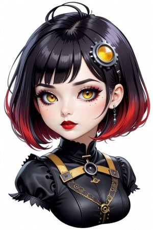 sticker design, steampunk, upper body, close eyes, white background, bob cut, short hair, multicolored hair, makeup , parted lips, black lips, eyeliner, gothic, goth girl,
her hair is styled in a bob with bangs. the tips of her hair are dyed red. sweet cartoon style

,disney pixar style,Line Chibi yellow