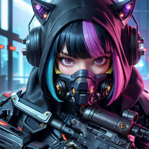 Close-up shot of a female cyborg, Bob-Cut hair vibrant with colorful hues, framing her intense expression. A scratch mask with cat-ear headphones and nun headscarf adorn her face, juxtaposed with tactical armor plating and a sharp black dragon's head with neon accents. Her beautiful girl features blend seamlessly with infected machine parts. Crouched in fighting stance, she grasps a gun amidst futuristic hair infected with glowing strands, set against the blurred cityscape of a terminal station. Golden flames blaze within chromatic spots on her black eyeballs, evoking Nijistyle aesthetics within the deva battle suit's armor shell.,reelmech