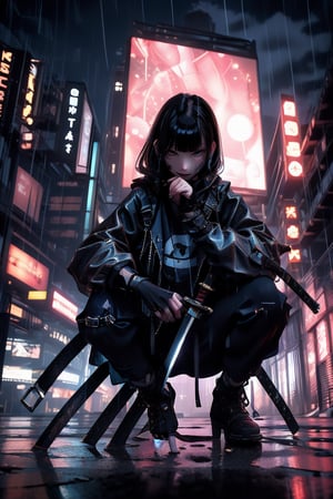 A neonpunk grunge cutie squatting in the rain, her dark leather jacket glistening with dew. She holds her sheathed katana, its gleaming blade a focal point amidst the gloomy atmosphere. Her short pants and fingerless gloves add to the edgy vibe. Bangs frame her closed mouth, while sharp brown eyes lock onto the viewer's gaze. Long hair flows down her back, partially hidden by sidelocks. The background is a blur of cityscapes at night, with reflections rippling across her leather jacket like the rain-kissed pavement. The depth of field isolates our subject, drawing attention to her enigmatic presence.