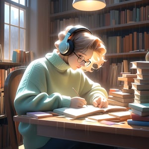 Compose a photorealistic concept art piece of a studious figure sitting at a cluttered study table on a rainy day. The subject, wearing a loose knitted turtleneck sweater and retro headphones, intensely studies amidst books and papers, surrounded by scattered stationery. Soft natural light pours through the rain-soaked window panes, casting an eerie glow. Elegant colors and watercolor rendering details adorn the scene. Note: niji style, very detailed, photorealistic concept art, soft natural volumetric cinematic perfect lighting.