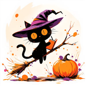 Minimalism, children's rough abstract lines, colorful, extremely childish, very messy, skewed, simple, random brushstrokes. a cute black cat rides a broom has orange eyes and it wear witch hat and hold a book and pen next to a cute Halloween Pumpkin, fantasy swirls splash,cute and quirky, fantasy art,hand-drawn, digital painting, low-poly,aestheticfi,flat design