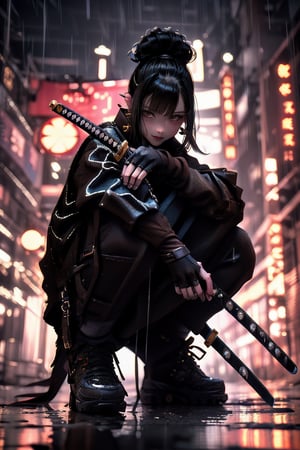 Samurai girl, squatting in the rain, holding sheath with a gleaming katana, single hair bun, dark leather jacket, short pant, earrings, sheathed, neonpunk grunge cuty night background, depth of field, closed mouth, sharp eyes, full body, reflection, looking at viewer, fingerless gloves, long hair, gloves, bangs, brown eyes, sidelocks, 