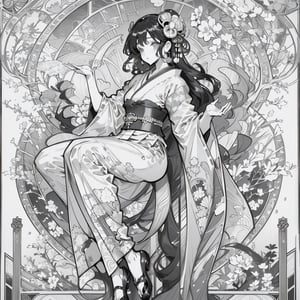 monochrome,grayscale high quality, high detailed line art, oriental, detailed art-nouveau stained glass, full body, Japanese God of Thunder,Raijin,cute,kawaii,mucha art style