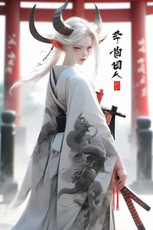 1 girl, (masterful), albino demon queen, (long intricate horns:1.2), 
kimono, one Katana in scabbard  at waist, bathed blood,large breast, Cleavage, hakama, Japanese style gaiter, kanji Tattoos, lattern, ancient City background,photo_b00ster,ct-niji2