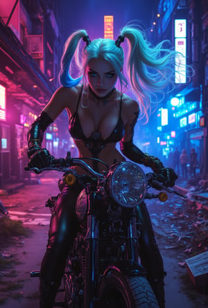 Harley Quinn's hourglass body shape gleams in vibrant colors as she rides a motorcycle through the ruined cityscape of Future City. Her perfect eyes shine like digital jewels amidst neon-glowing hair that trails behind her like a comet's tail. In the background, the cyberpunk atmosphere pulses with life, illuminated by Kodak Ektar hues and canon 5D Mark 4 sharpness. Harley's dynamic pose showcases her flamboyant personality as she navigates the curved lines of the city's destruction. Pastel colors dance across her skin, creating an elaborate, detailed work of art that blends seamlessly into the neon-lit night. realistic,detailed,sharp focus,high contrast,masterpiece,best quality,trending on artstation,rule of thirds,depth of perspective,chiaroscuro lighting.ek_ph0t0_b00ster