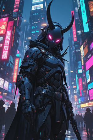 In a gritty, neon-drenched cyberpunk world, a lone courier, clad in a sleek Oni-inspired armor set, navigates the mean streets of Neo-Aztec City. The air is thick with the hum of high-tech gadgetry as they expertly avoid lowlife enforcers. A sci-fi mask glows on their face, a symbol of their netrunner prowess. Framed against a 4K UHD backdrop of towering skyscrapers and holographic advertisements, this shadowy figure embodies the unyielding spirit of a high-tech loner