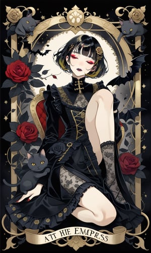 (1woman), sit on a golden chair, front, (show leg), close eyes, bob cut, short hair, multicolored hair, makeup , parted lips, black lips, eyeliner, gothic, goth girl, her hair is styled in a bob with bangs. the tips of her hair are dyed red, full body, fractal art, (tarot card design), botanical illustration, black bats and cat illustration, classic, elegant flourishes, lofi art style, retro, (text that says "Empress"at bottom), best quality, masterpiece, extremely detailed, intricate details, dark theme ,chinese ink drawing,painting,Gold Edged Black Rose