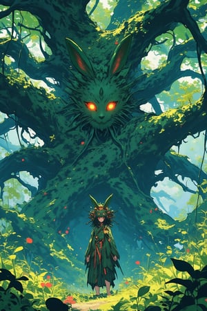 In a lush, verdant forest, shaman Girl dons a mystical rabbit-faced mask, her eyes aglow with otherworldly wisdom. A towering, ancient tree looms behind her, its gnarled branches twisting towards the sky like ethereal fingers. The atmosphere is alive with whispers of forgotten myths, as if the very fabric of reality is woven from the threads of ancient tales. Lyh_niji's vibrant, flat colors bring this mystical realm to life, where the boundaries between worlds blur and magic lingers in every petal and leaf.