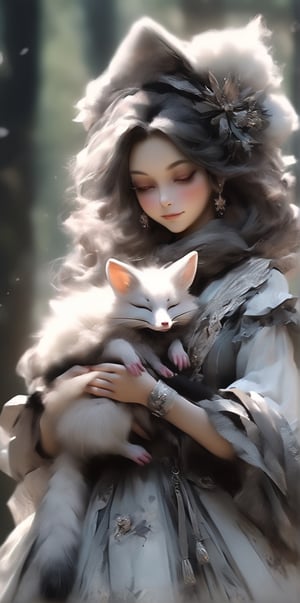 An artistic vision of a witch dressed in winter gothic Lolita attire with fox fur scarf. fox fur gloves on her hands. Half smile. eyes closed. Holding a tiny baby ferret in arms. Dark forest. Disheveled hair. Close-up shot. Cluttered maximalism. Low-key lighting. Photorealistic. High angle. ani_booster,real_booster