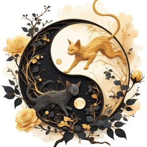 A harmonious fusion of Eastern philosophies and artistic techniques. The yin-yang Tai Chi diagram is rendered in exquisite Quilling style, with intricate black and gold lines entwining the golden cat and the black cat. The delicate curves evoke a sense of balance and harmony, as if the very essence of Chinese ink drawing has been distilled into this elegant composition. Against a subtle Watercolour background, the Gold Edged Black Rose adds a touch of luxury and mystique, its petals unfolding like a promise of unity and wholeness.