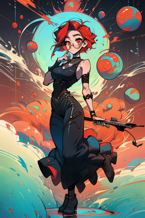 A beautiful woman, medium hair, large breasts, (large breasts quality), red eyes, red hair, ((full_body)) Corset Flared Crisscross Strap Dress, (Punk Sleeveless Dress), stomach, circle-glasses, black pants, 4k,best quality,masterpiece,SAM YANG,jk style,midjourney,(best quality