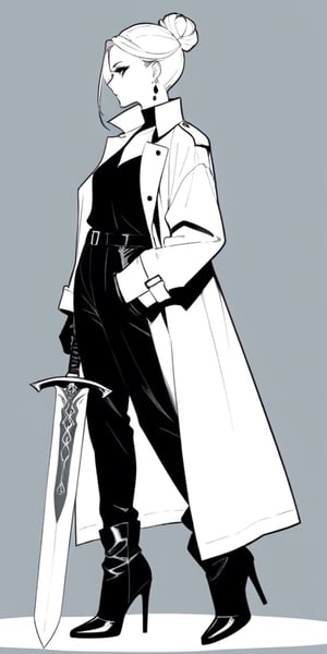 1girl, solo, simple background, gloves, long sleeves, Greatsword, long sword, long trench coat, jewelry, standing, full body, weapon, white hair, earrings, black gloves, pants, hair bun, black footwear, high heels, from side, profile, makeup, black pants, single hair bun, eyeshadow, high heel boots, sword stuck in the ground, hands hold the sword hilt in front of her chest, long hilt,girl,Flat Design,lineart