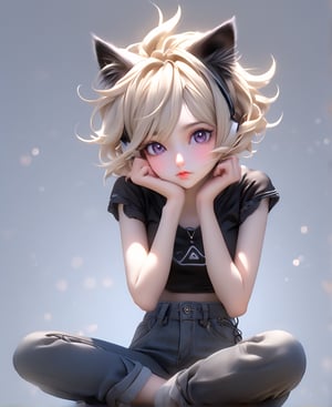 sticker design, Super realistic, full body, a young girl with cat ears, short light blonde hair, the tips of hair dyed lavender, black lips, black eyeliner, headphones hanging around her neck, flying goggles on her head, black goth punk Dressed in a short-sleeved hollow top, tight jeans, tactical fanny pack, sitting on a small stool with her elbows on knees and her chin on palms, showing a thinking expression and her mouth slightly poutted. Simple light gray background.
very beautiful, goth makeup, realistic anime art style, fantasy artwork,Urd