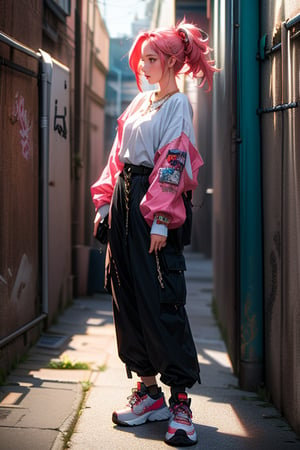 1girl, solo, breasts, coral-pink hair, (medium breasts:1.2), standing cool, hugging, full body, parted lips, front view, wearing Oversized white button-down shirt with the sleeves rolled up, Baggy cargo pants, Layered necklaces with a mix of chains and pendants, Chunky sneakers, Grunge-inspired alleyway, graffiti art background
,Illustration