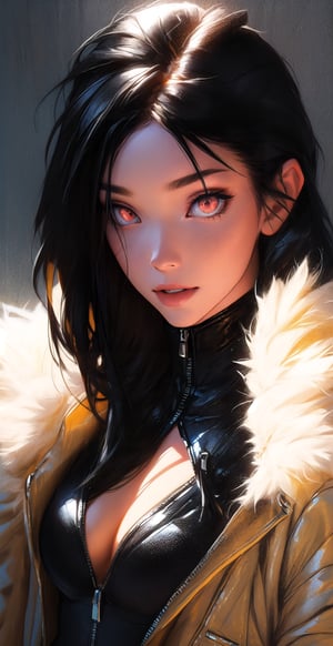 \\Beautiful 20 year old woman\\, (red eyes), glowing eyes:1.4, ((black hair)), bangs, long_hair, hourglass body shape, detailed eyes, normal breasts quality, slim waist, (slim thick body), ((medium portrait)), in a bra wearing biker jacket ,wonder beauty ,oil painting