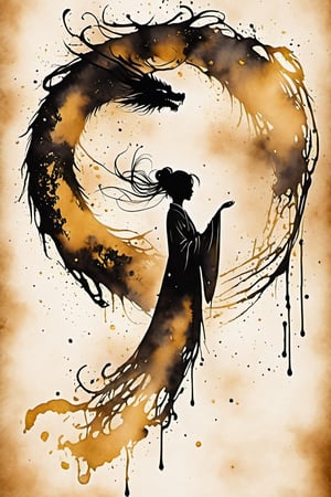 
oil paint, A golden silhouette of a Chinese lady in ancient costume soars in the sky. The background is the vortex of the dragon's flight traces. mainly black and gold, simple and abstract outlines of the dragon and the lady,japanese art,chinese ink drawing,ink ,style, faceless,