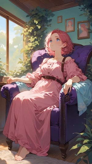 In a warm, cozy setting, an 18-year-old girl with long, coral pink hair sits comfortably on the armrests of a plush purple armchair. Her head is tilted back, gazing up at the ceiling as lush greenery gradually covers the walls, reaching the foot of the chair. Her detailed face, framed by a little nose and scattered freckles, shines with a soft, pale complexion. Her light blue eyes sparkle beneath the gentle curve of her eyebrows. She wears a long, opaque candy pink dress that showcases her small stature and curvy figure. The overall atmosphere is one of relaxation, with warm lighting and a subtle sense of serenity.