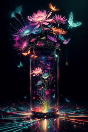 By dropping various colors of paint into a transparent container, watch them naturally spread in the water to form simple lines. These colorful lines spreading in the water form a butterfly-like outline, emphasizing the beauty of natural diffusion. Ultra detailed illustration of a( transparent ) butterfky, glowy, translucent, transparent,  bioluminescent flora, incredibly detailed, pastel colors, handpainted strokes, visible strokes, oil paint, art by Mschiffer, night, bioluminescence,CyberpunkWorld