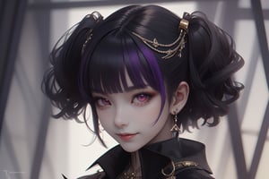 2 girls, dark purple hair, red eyes, sharp, arrogant, arrogant smile, wearing stylish clothes, fantasy detailed background, detailed body, detailed face, detailed eyes