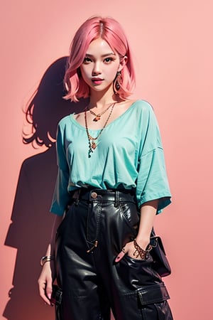 A coral-pink-haired girl stands cool, hugging herself in a front view. Her medium-sized breasts peek out from under an oversized white button-down shirt with rolled-up sleeves. Baggy cargo pants and layered necklaces complete her casual look. Chunky sneakers adorn her feet. She wears a subtle smirk, parted lips hinting at a quiet confidence. Behind her, a vibrant graffiti art background adds depth to the scene.