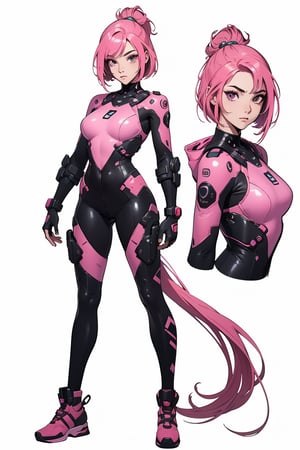 Here's a high-quality prompt for you:

Masterpiece:1.2, 8k resolution. Ultra-detailed illustration of a single girl character in a fight pose, with a relaxed standing posture and neutral facial expression. Character features: pink hair styled as a short bob, astro costume, purple eyes, tight bodysuit, transparent bodysuit, leotard, futuristic footwear with cyberpunk style inspired by Masamune Shirow and Neco. No background or light plain white background to emphasize the character's full-body pose. The focus is on the character's physique and attire, showcasing intricate details. Reference sheet:1, multiple views (full body, upper body). Best quality, highest quality output.