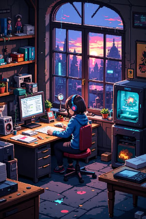 3D pixel art scene, isometric view. Anime-style characters and objects composed of colorful voxels. High contrast lighting with neon accents.

A lone figure sits at a cluttered study table on a rainy day, surrounded by books and papers. Her focus is solely on the task at hand, her eyes intensely studying as she wears headphones with neon outlines. The window behind her is partially obscured by rain-soaked panes, casting an eerie glow over the scene. In this dimly lit flat design, EpicArt masterfully captures the quiet intensity of a studious mind.

Cyberpunk workshop details:
- Cluttered workbench with pixelated tools and gadgets
- Holographic screens displaying scrolling code
- 3D printer creating a glowing object
- Exposed neon tubes and cables on walls
- Floating robot assistant with pixelated emotes

Environmental elements:
- Steampunk-inspired gears and pipes in background
- Retro-futuristic computer terminals
- Voxel smoke or steam rising from machinery

Color palette: Deep purples, electric blues, neon pinks, and cyber greens against darker background

Lighting: Dramatic shadows and highlights emphasizing 3D nature of pixels
- Glow effects from screens and neon signs
- Reflection on metallic surfaces

Additional details:
- Pixelated posters of anime characters on walls
- Voxel cat familiar perched on a shelf
- Cubic plants in geometric planters

Animation suggestion (if applicable): Subtle pixel movements like blinking lights, rotating gears, or floating particles,Pixel Art,1girl