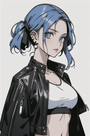 1girl, solo, breasts, looking at viewer, blue eyes, simple background, white background, jewelry, medium breasts, closed mouth, blue hair, jacket, upper body, earrings, open clothes, midriff, from side, open jacket, lips, black jacket, crop top, makeup, piercing, ear piercing, leather, leather jacket,stylemidjurney,animeniji,line anime