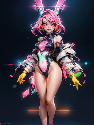 masterpiece, best quality, beautiful neon lighting, 2 girls, cheongsam, fluorescent leotard,  bare shoulders, cyberpunk,  science fiction, cyborg, casino background, neon background, breasts , bunny girl, Rabbit ears, smile, (oil shiny skin:1), chiseled, (hunky:1),  (perfect anatomy, prefecthand, long fingers, 4 fingers, 1 thumb), dynamic sexy pose, (artistic pose of a woman),photo r3al,neon style,simple background, Strong Backlit Particles,More Detail,Young beauty, ,nijilorawolf