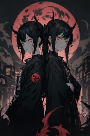 Two girls with striking twin tails stand back-to-back, one dressed in gothic attire with a demon skull choker, the other in punk style with black eyeliner. They're surrounded by darkness, illuminated only by flashes of dim red lighting that casts eerie shadows on their faces. In the foreground, a death metal CD spins, while in the background, a cityscape looms dark and foreboding. The girls' hands grasp a pair of black horns, their eyes gleaming with an otherworldly intensity as they defy the night.