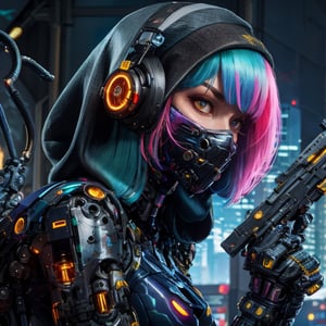 Close- up shot of a female cyborg crouched in fighting stance, intense expression etched on her face. Her Bob-Cut hair bursts with colorful hues, framing her features as she grasps a gun amidst futuristic strands infected with glowing accents. A scratch mask with cat-ear headphones and nun headscarf juxtapose with tactical armor plating and a sharp black dragon's head featuring neon highlights. Beautiful girl-like features blend seamlessly with machine parts. Blurred cityscape of a terminal station serves as the backdrop, with golden flames blazing within chromatic spots on her black eyeballs. The deva battle suit's armor shell reflects Nijistyle aesthetics, showcasing reelmech mechanical parts and joints.,reelmech, mechanical parts, joints, mech,nijistyle