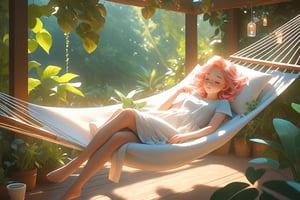 A serene summer afternoon, the warm sunlight filters through lush leaves, casting dappled shadows on the wooden platform where a teenage girl with short, coral pink hair lies languidly in a hammock outdoors, her eyes closed in slumber, her Siamese cat sleeping near to her. The hammock is suspended between two large indoor plants, surrounded by fairy lights and hanging terrariums. She was wearing a skimpy short dress, barefoot, and had a peaceful expression. Next to her, an open book and glass of icy drink beckon attention. The peaceful atmosphere is palpable as she basks in the tranquility of the moment, her features perfectly framed within the picturesque scene.
photorealistic concept art, soft natural volumetric cinematic perfect light. ,niji style