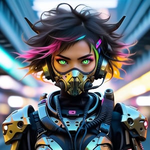 Close-up shot of a female cyborg, 'Bob-Cut' hair vibrant with colorful hues, framing her intense expression. A scratch mask with cat-ear headphones and nun headscarf adorn her face, juxtaposed with tactical armor plating and a sharp black dragon's head with neon accents. Infected machine parts mesh seamlessly with her beautiful girl features. Crouched in fighting stance, she grasps a gun, futuristic hair infected with glowing strands, set against the blurred cityscape of a terminal station. Her eyes blaze with golden flames amidst chromatic spots on her black eyeballs, within the deva battle suit's armor shell, evoking a Nijistyle aesthetic.,reelmech,txznmec,Cinematic ,more detail XL, m3,inverted cross