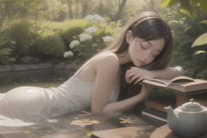 Realistic, CG style, on a hot summer day, the soft sunlight casts mottled light and shadow through the leaves. A teenage girl in a thin dress is lying on a Japanese-style wooden platform on the pond, taking a nap next to an open book, teapot and cup. Peaceful and peaceful atmosphere, beautiful, elegant, very detailed, detailed face, establishing shot