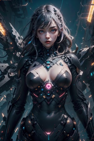 A beautiful punk girl with bright purple eyes, in a spikey pale orange mecha bodysuit with black glass panels, brass accents and neon tubes. She has a black undercut. She is holding a spear made of neon tubing in both hands, raised in a defensive pose. Defiant look, Fit body, large natural breasts. A dark, gotham type city with scattered lit neon signs in the background. Dark midnight sky. (masterpiece, best quality, ultra-detailed, photography, realistic, 8K) bodysuit,Masterpiece,robot,roblit,glowing,Makeup, neon, Color magic, High detailed ,Mecha