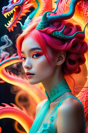 In a whimsical, heavenly setting bathed in bioluminescent hues and uplit by sacred geometry, a fantastical dragon materializes amidst smoke and veil. Its delicate, fashionable form embodies the essence of sweet life, love, and tenderness. Framed against a vibrant, colorful background, this Aetherpunk scene is shot on Canon 5D Mark IV using Kodak Ektar film.

The dragon's neon-glowing hair flows like curved lines, creating an elaborate design that defies gravity. Its flamboyant nature is captured in pastel colors, with intricate details that invite exploration. As the camera lingers, a subtle blood-red tone hints at the mystical energies at play.