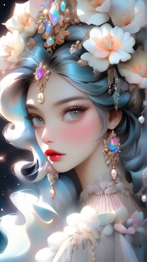 portrait, blowing messy hair, multicolored hair, coiffure, jewelry, many jewels, elegance, flowers on hair, lace gown, pale skin, South Korean lipstick, large lips, gradient lipstick, thick eyebrows, moonlight, pearls, plump lips, acrylic, fantasy, detailed eyes, detailed fingers, realistic eyes, drawn pupils, white eyelashes, shine watercolor, detailed face, bright, bright eyes, jewelry, variegated hair, dancing glow, super-detailed face,FlowerStyle