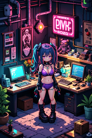 3D pixel art scene, isometric view. Anime-style characters and objects composed of colorful voxels. High contrast lighting with neon accents.

Focal point: Gothic Lolita girl working in a cyberpunk workshop.
- Girl: neon color bikini, platform boots, twin-tails hairstyle
- Face: Large pixel eyes, rosy cheeks, small mouth
- Accessories: Pixel bow, chunky jewelry

Cyberpunk workshop details:
- Cluttered workbench with pixelated tools and gadgets
- Holographic screens displaying scrolling code
- 3D printer creating a glowing object
- Exposed neon tubes and cables on walls
- Floating robot assistant with pixelated emotes

Environmental elements:
- Steampunk-inspired gears and pipes in background
- Retro-futuristic computer terminals
- Voxel smoke or steam rising from machinery

Color palette: Deep purples, electric blues, neon pinks, and cyber greens against darker background

Lighting: Dramatic shadows and highlights emphasizing 3D nature of pixels
- Glow effects from screens and neon signs
- Reflection on metallic surfaces

Additional details:
- Pixelated posters of anime characters on walls
- Voxel cat familiar perched on a shelf
- Cubic plants in geometric planters

Animation suggestion (if applicable): Subtle pixel movements like blinking lights, rotating gears, or floating particles,Pixel Art,1girl