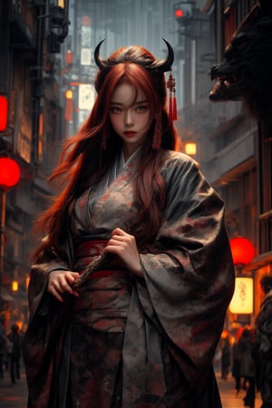 Realistic 8K 60fps, character photos, raindrops, Japanese-style red tattoos, kabuki banshee wearing Japanese new fashion dress with gentle gestures, Japanese-style long-haired demon girl Bonan kabuki, holding a giant sword, ancient giant demon background. Perfectly crafted cyberpunk style and traditional Japanese artistry blend seamlessly, evoking the essence of Chinese ink painting.,kimono,
