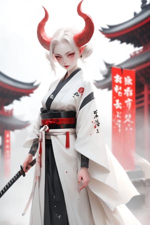 1 girl, (masterful), albino demon queen, (long intricate horns:1.2), 
kimono, one Katana in scabbard  at waist, bathed blood,large breast, Cleavage, hakama, Japanese style gaiter, kanji Tattoos, lanttern, fog,
ancient City background,photo_b00ster,ct-niji2