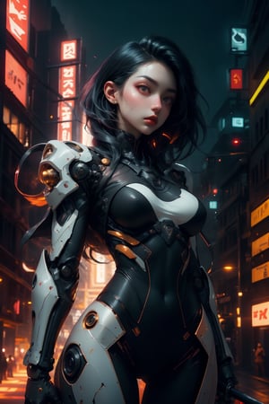 A beautiful punk girl with glowing purple eyes, in a hollow pale orange mecha bodysuit with black glass panels, brass accents and neon tubes. She has a black undercut. She is holding a spear made of neon tubing in both hands, raised in a defensive pose. Defiant look, Fit body, large natural breasts. A dark, gotham type city with scattered lit neon signs in the background. Dark midnight sky. (masterpiece, best quality, ultra-detailed, photography, realistic, 8K) bodysuit,Masterpiece,robot,roblit,glowing,Makeup, neon, Color magic, High detailed ,Mecha,red and black,cowboy shot, dutch shot,