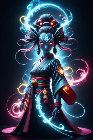 Against a dimly lit, atmospheric backdrop of ancient Japan's native interior, a biomechanical geisha shaman stands poised with a plasma gun. Her porcelain skin glistens in the moody lighting, as holographic reflections dance across her cybernetic limbs. A Venetian iron mask adorns her face, amidst abstract cubist patterns. Composition is perfect, with sharp focus and soft shadows. The camera captures a 16k resolution masterpiece of depth and color, with fractal details that seem to leap from the frame.,nlgtstyle,masterpiece