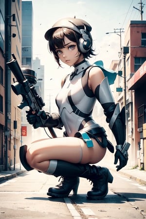 (masterpiece), science fiction, scenery,  1girl, short hair, bangs, Pink punk style armor, girl, sharp eyes, one knee on the ground, fighting crouching position, dark combat boots, purple woolen hat, headphones, carrying a sniper rifle, a knife at the waist, fingerless tactical gloves, black eyeballs and golden pupils,Chromaspots,StormTrooper, armor, deva battle suit