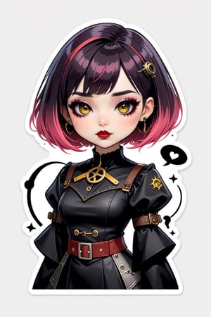 sticker design, steampunk, upper body, close eyes, white background, bob cut, short hair, multicolored hair, makeup , parted lips, black lips, eyeliner, gothic, goth girl,
her hair is styled in a bob with bangs. the tips of her hair are dyed red. sweet cartoon style

,disney pixar style,Line Chibi yellow,Line Chibi pink,Flat Design