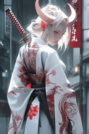 1 girl, (masterful), albino demon queen, (long intricate horns:1.2), 
kimono, one Katana in scabbard  at waist, bathed blood,large breast, Cleavage, hakama, Japanese style gaiter, kanji Tattoos, 
cyberpunk City background,photo_b00ster,ct-niji2