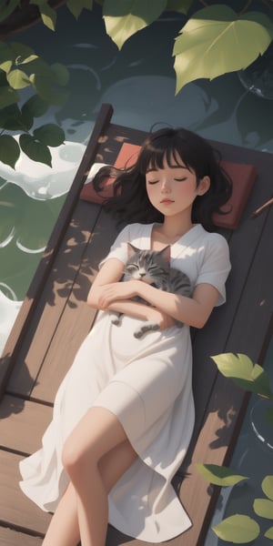 masterpiece, high quality, 8K, high_res, 
Realistic, CG style, on a hot summer day, the soft sunlight casts mottled light and shadow through the leaves. A young girl in a dress takes a nap while lying on a Japanese wooden platform on a pond, next to an open book, a glass of icy drink and a cute gray mini kitten. Peaceful and peaceful atmosphere, beautiful, elegant, very detailed, establishing shot, ,girl