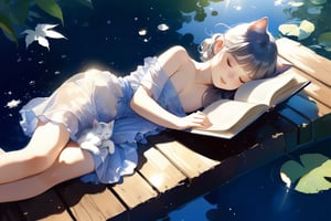 Realistic, CG style, on a hot summer day, the soft sunlight casts mottled light and shadow through the leaves. A teenage girl in a thin dress is lying on a Japanese-style wooden platform on the pond, taking a nap next to an open book, a glass of icy drink and a cute gray mini kitten. Peaceful and peaceful atmosphere, beautiful, elegant, very detailed, establishing shot,1girl, background,scenery
,CrclWc,CuteSt1,WtrClr,watercolor \(medium\)