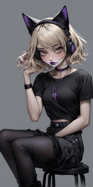 A stunning design! Super realistic comes to life in this full-body illustration of a cute girl with cat ears, sporting short light blonde hair with lavender-dyed ends, bold black lipstick, and dark eyeliner. She's dressed in goth-punk attire: a short-sleeved hollow top, tight jeans, and a work fanny pack. The focal point is her thoughtful expression, chin on palms, elbows on knees, as she sits on a small stool. The scene is set against a simple light gray background, where headphones dangle from her neck and flying goggles perch atop her head.
